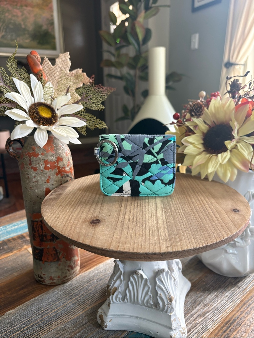 🤪 3 for $15 Vera Bradley Teal Floral Compact ID Card Case Key Ring Wallet